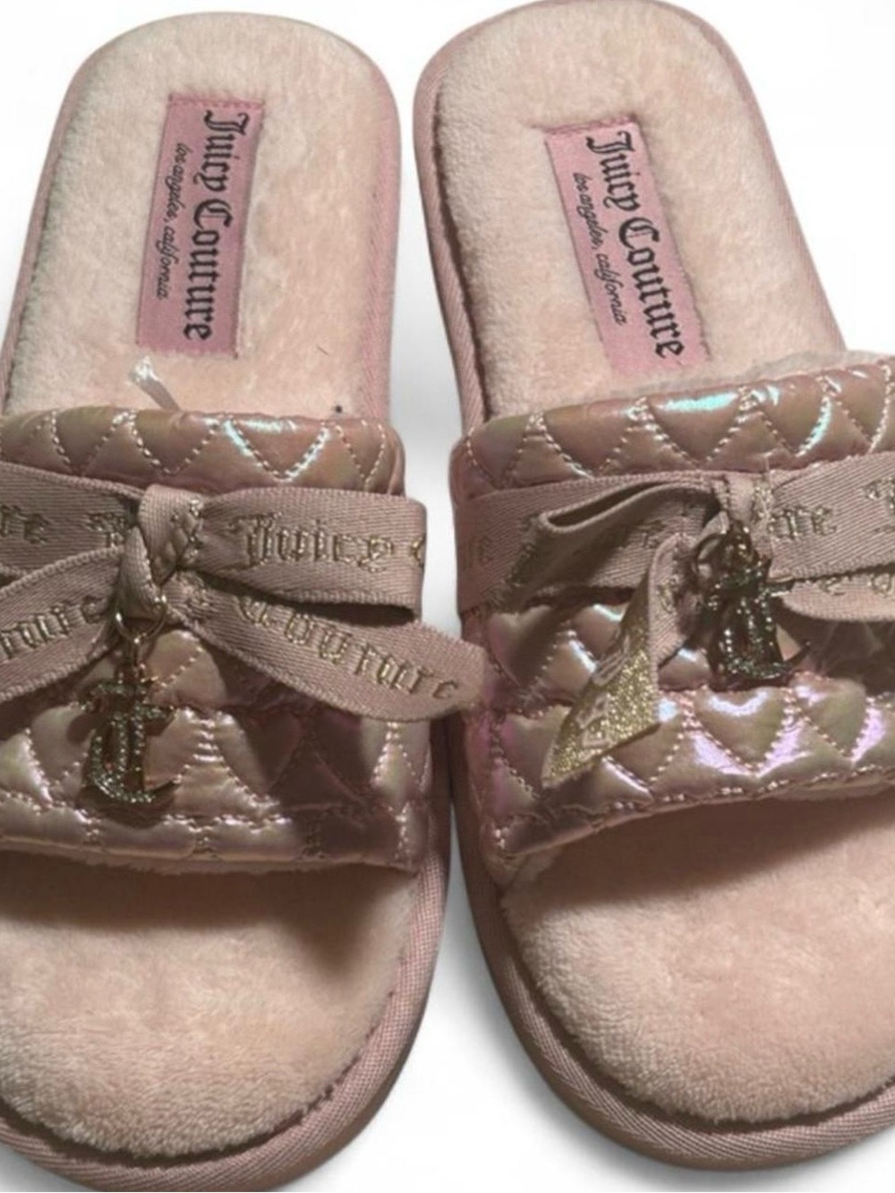 Juicy Couture Light Pink Quilted Slide Slippers with Bow Charm